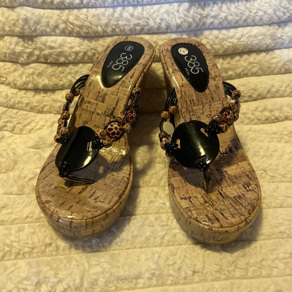 385 FIFTH Beaded & Medallion Slip On Cork Wedge Heel Thong Women’s Size 8